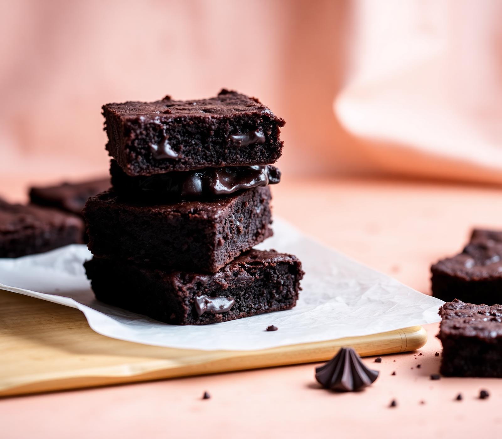 A stack of fudgy dark chocolate brownies